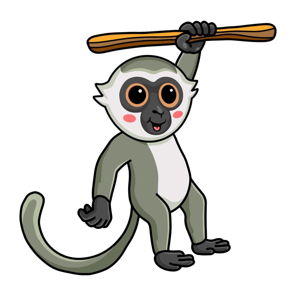 Cute little vervet monkey cartoon hanging on tree vector