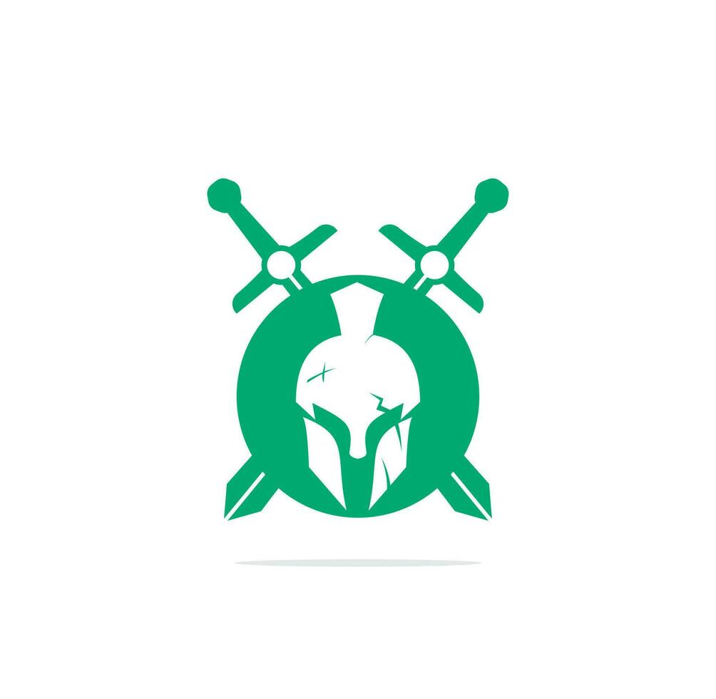 Spartan helmet with crossed swords and lettering Warrior. Spartan helmet with crossed swords and shield shape concept logo. vector
