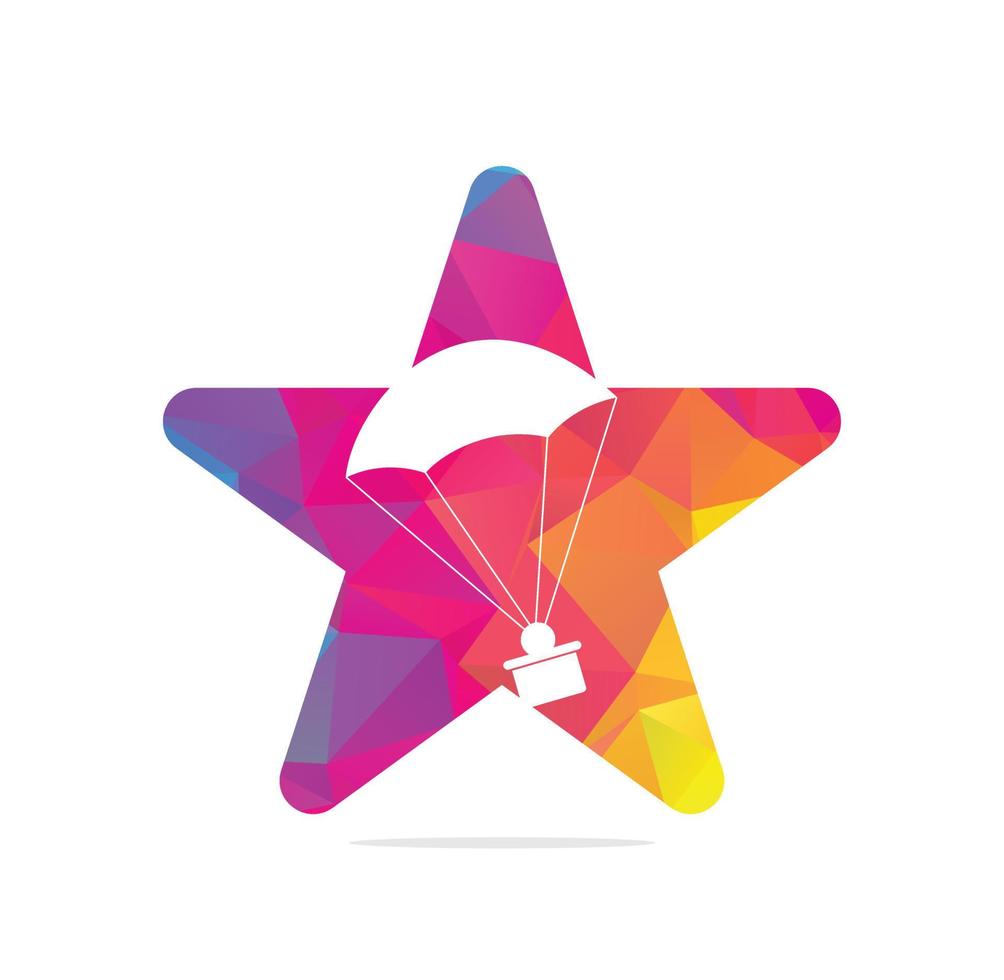 parachute Gift delivery star shape concept vector logo design. Parachute gift delivery star concept emblem.