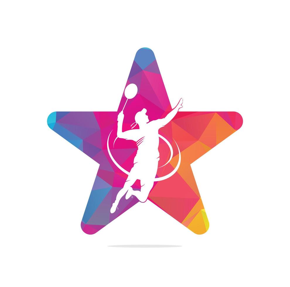 logotipo del concepto de forma de estrella del jugador de bádminton - aplastamiento apasionado del momento ganador. atleta de bádminton joven profesional abstracto en pose apasionada. vector