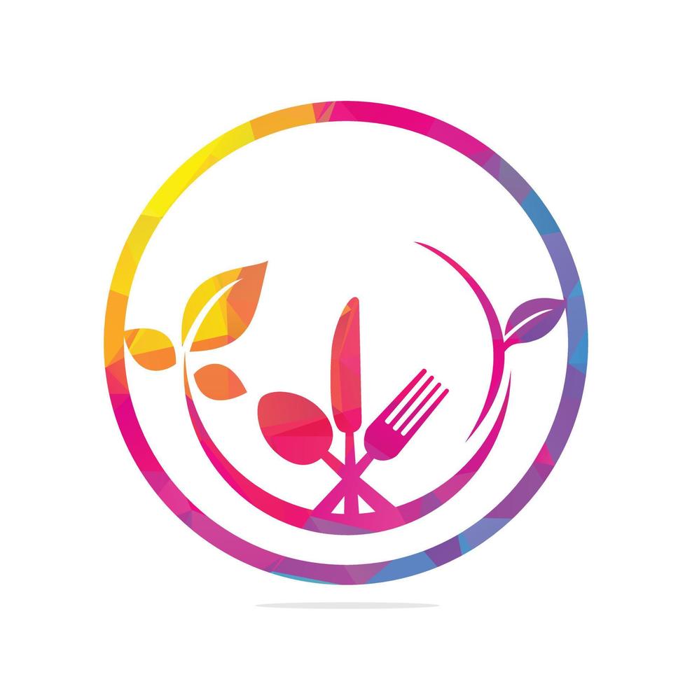 Healthy food logo template vector design with spoons, forks and green leaves