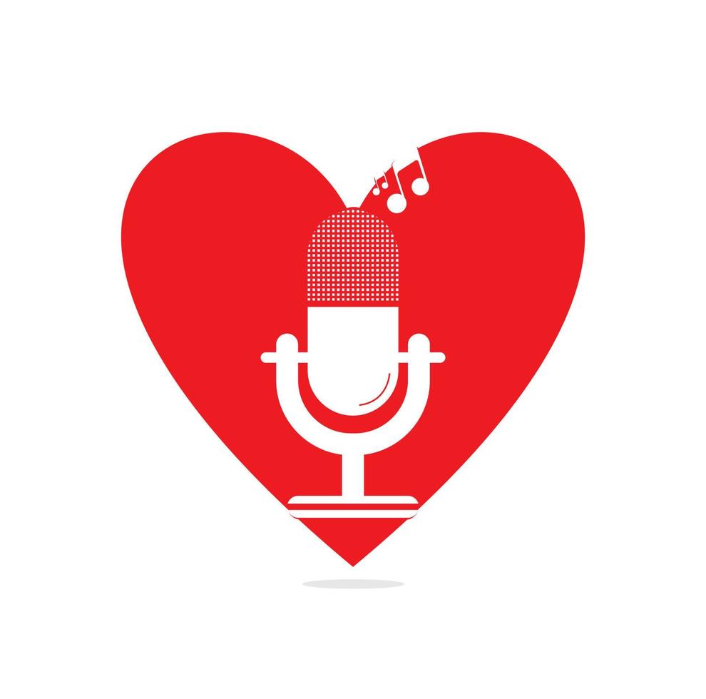 Diseño de logotipo de concepto de forma de corazón de micrófono. micrófono de mesa de estudio con diseño de icono de transmisión. vector