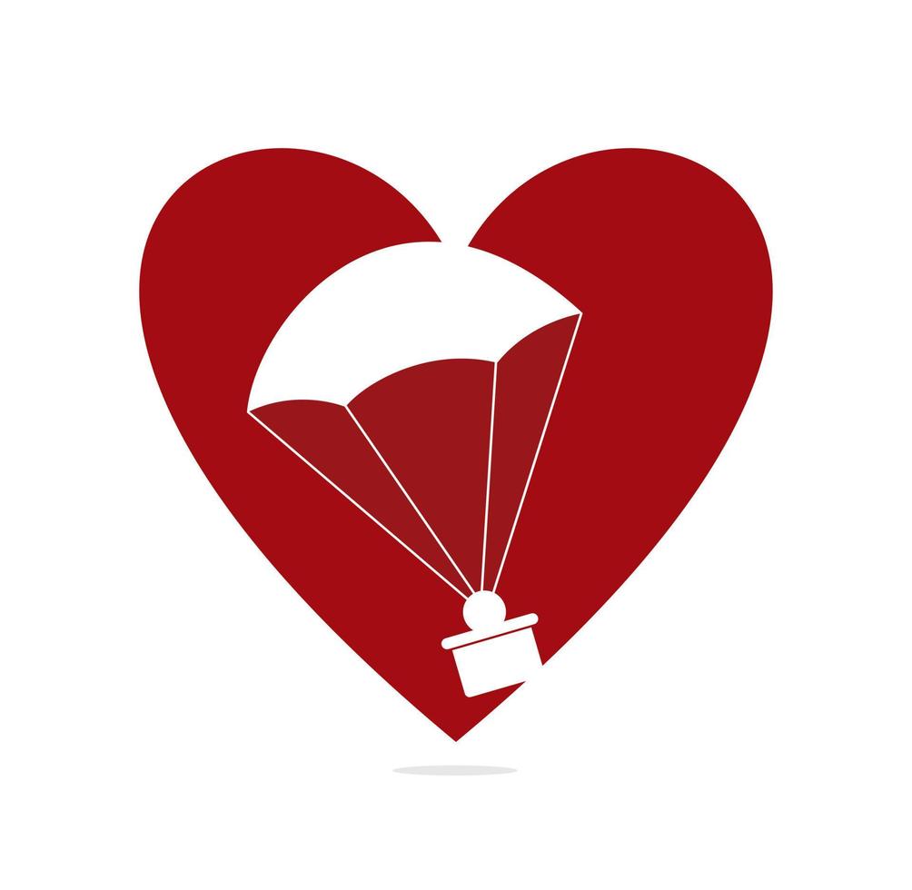 diseño del logotipo del vector del concepto de forma de corazón de entrega de regalos en paracaídas. Emblema del concepto de corazón de entrega de regalos en paracaídas.