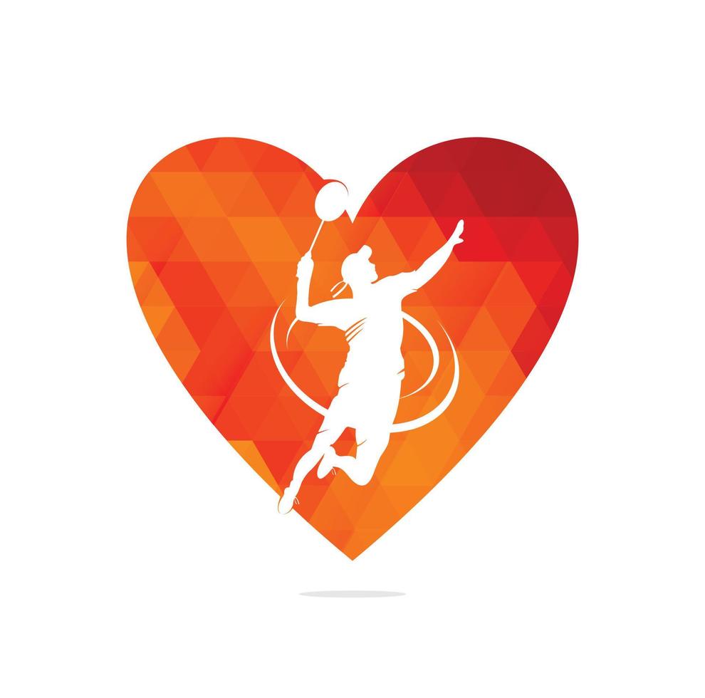 logotipo del concepto de forma de corazón del jugador de bádminton - aplastamiento apasionado del momento ganador. atleta de bádminton joven profesional abstracto en pose apasionada. vector