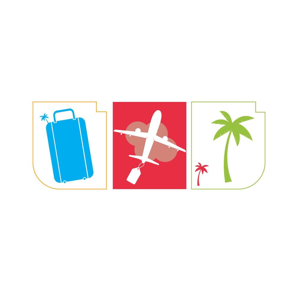 diseño de logotipo de viaje, bolso de vacaciones, icono de palmera y avión, viaje de negocios, turismo, ilustración de vector de avión.