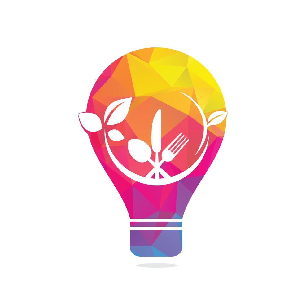 Healthy food bulb shape concept logo template vector design with spoons, forks and green leaves.
