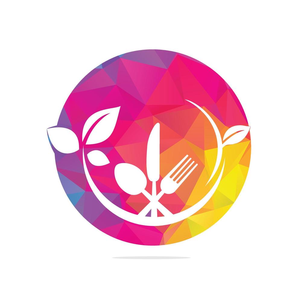 Healthy food logo template vector design with spoons, forks and green leaves