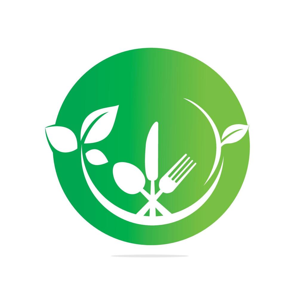 Healthy food logo template vector design with spoons, forks and green leaves