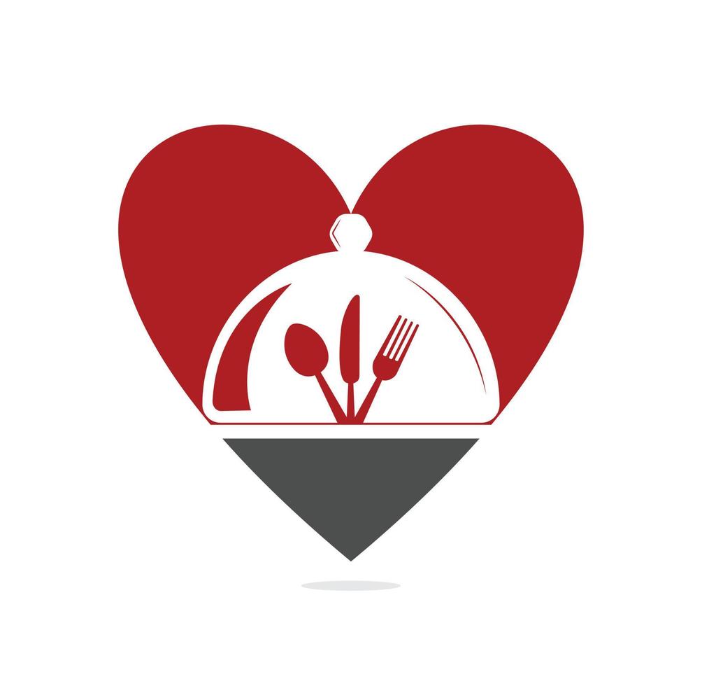 logotipo de comida logotipo de concepto de forma de corazón. logo de comida con cuchara, cuchillo y tenedor. vector de plantilla de logotipo de concepto de forma de corazón de alimentos saludables.