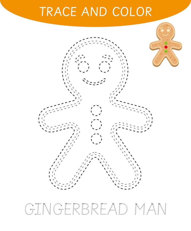 Gingerbread man trace and color worksheet for kids. Tracing practice for preschool and kindergarten children. Educational game. Fine motor skills prewriting activity vector