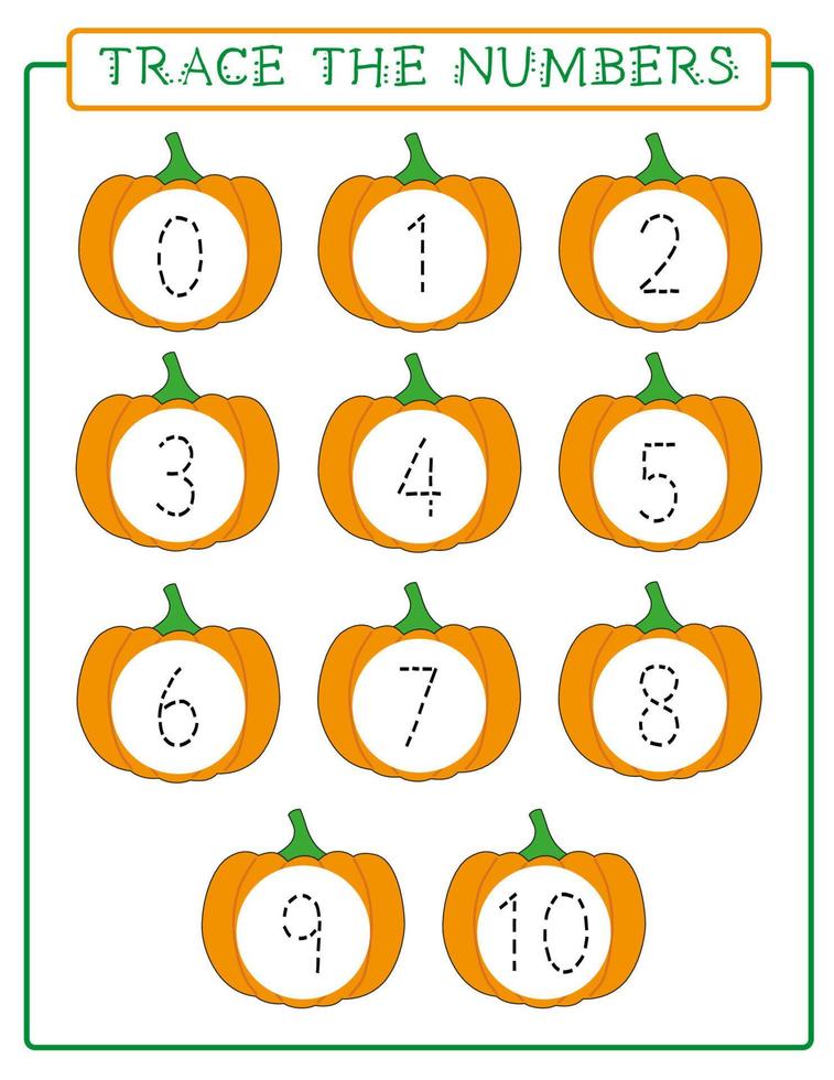 Trace the numbers worksheet for kids. Fall themed activity for children. Fine motor skills for preschool centers. Handwriting practice vector