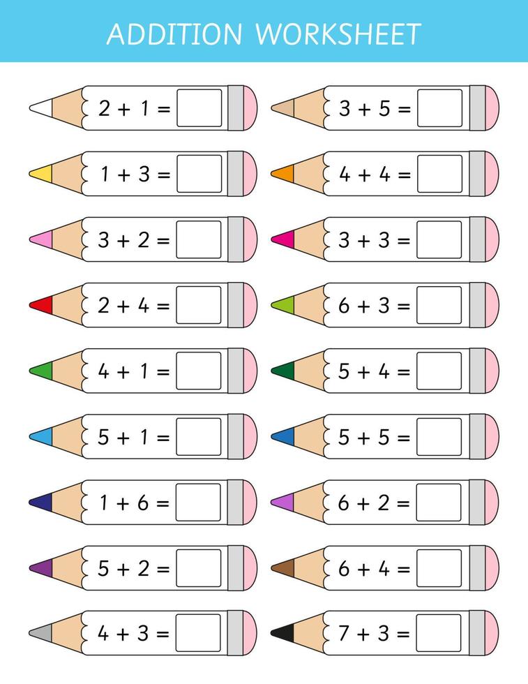 Addition worksheet for kids. Educational math game for school children. Math activity. Back to school vector