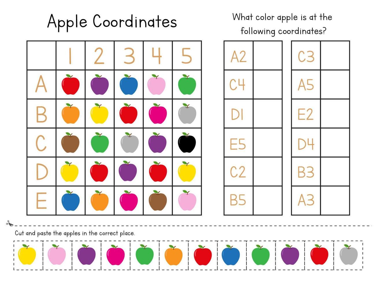 hoja de trabajo de matemáticas educativas para niños. práctica de coordenadas. juego educativo de matemáticas de preescolar y jardín de infantes. recursos para la escuela y la educación en el hogar vector