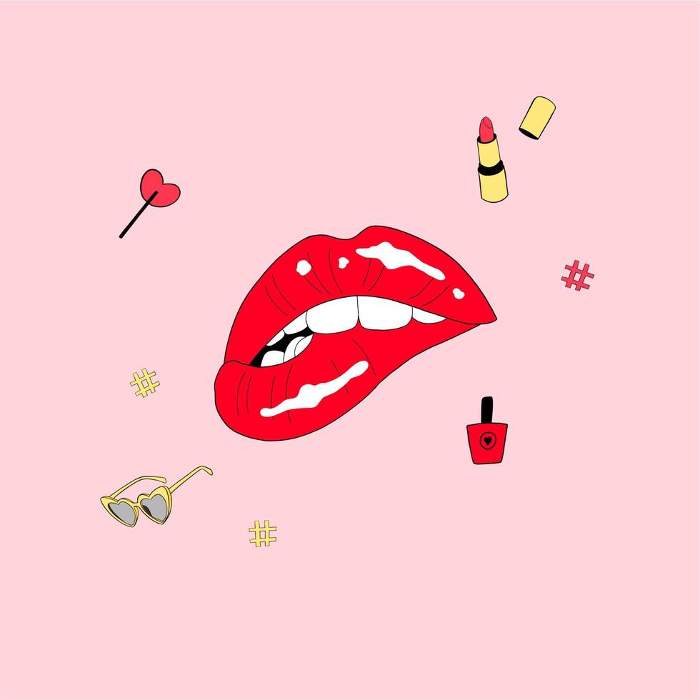 Vector illustration of sexy woman's lips, lipstick, sunglasses and lollipop. Biting lip. Design for cards, poster or banner