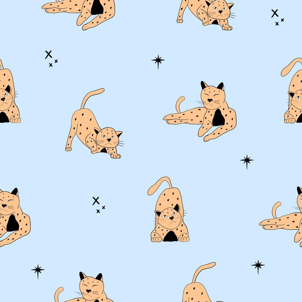 Seamless pattern with cats in different pose. Creative childish texture. Colorful kittens texture for fabric design, packaging, banner, print. Hand drawn vector illustration