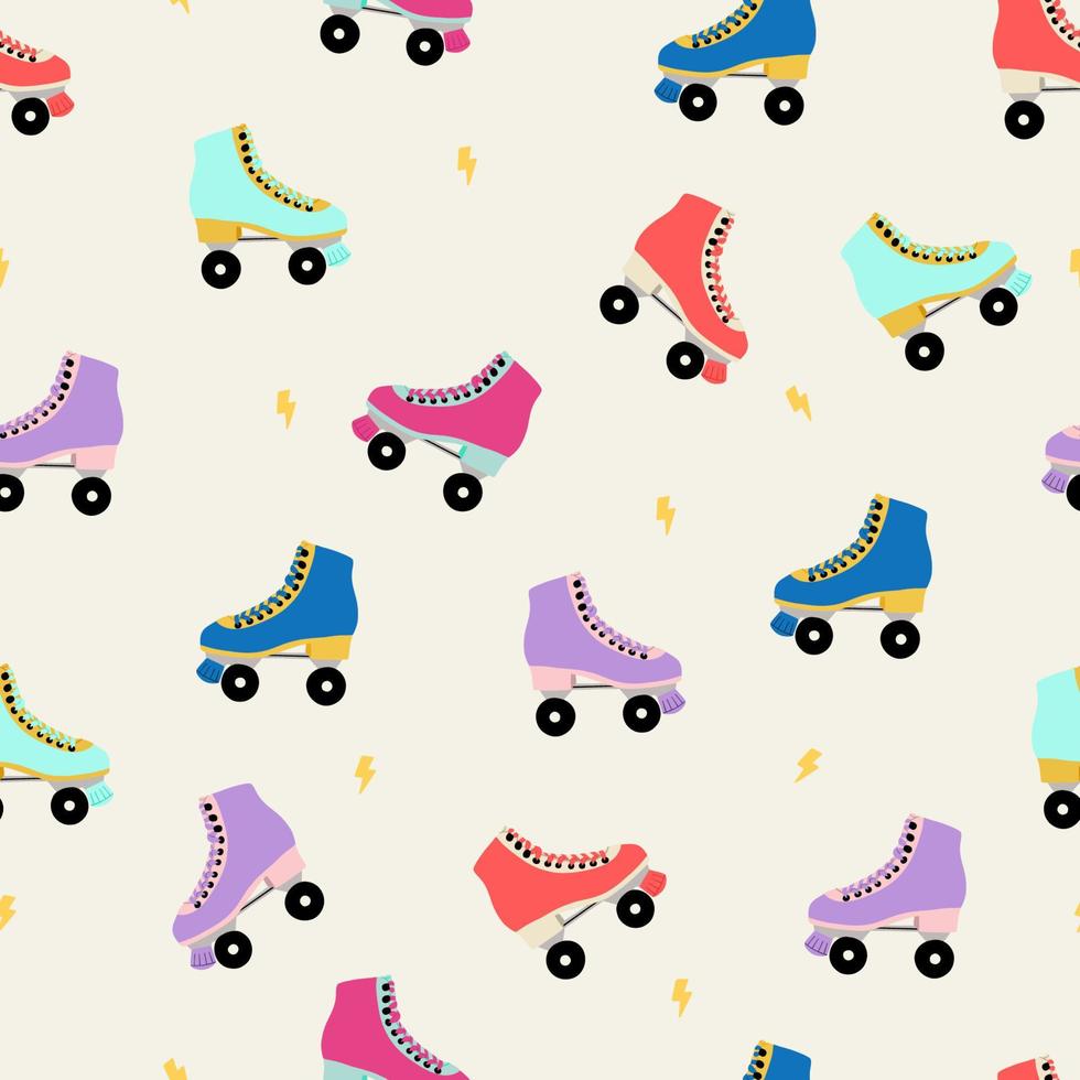 Seamless pattern with different color roller skates. Cute repeated texture with roller skates, lightning. Vintage texture wrapping paper, fabric. Retro hand drawn vector illustration