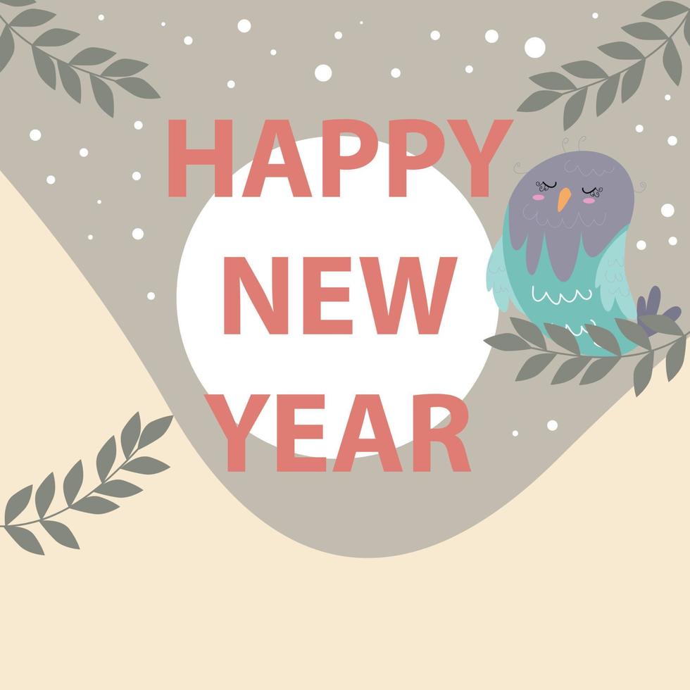 tarjeta de felicitación de feliz año nuevo con búho lindo en la ilustración de vector de invierno.