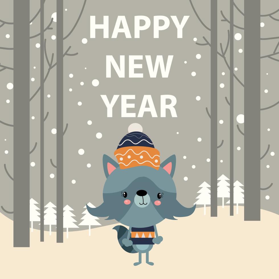 New year greeting card with cute wolf vector illustration