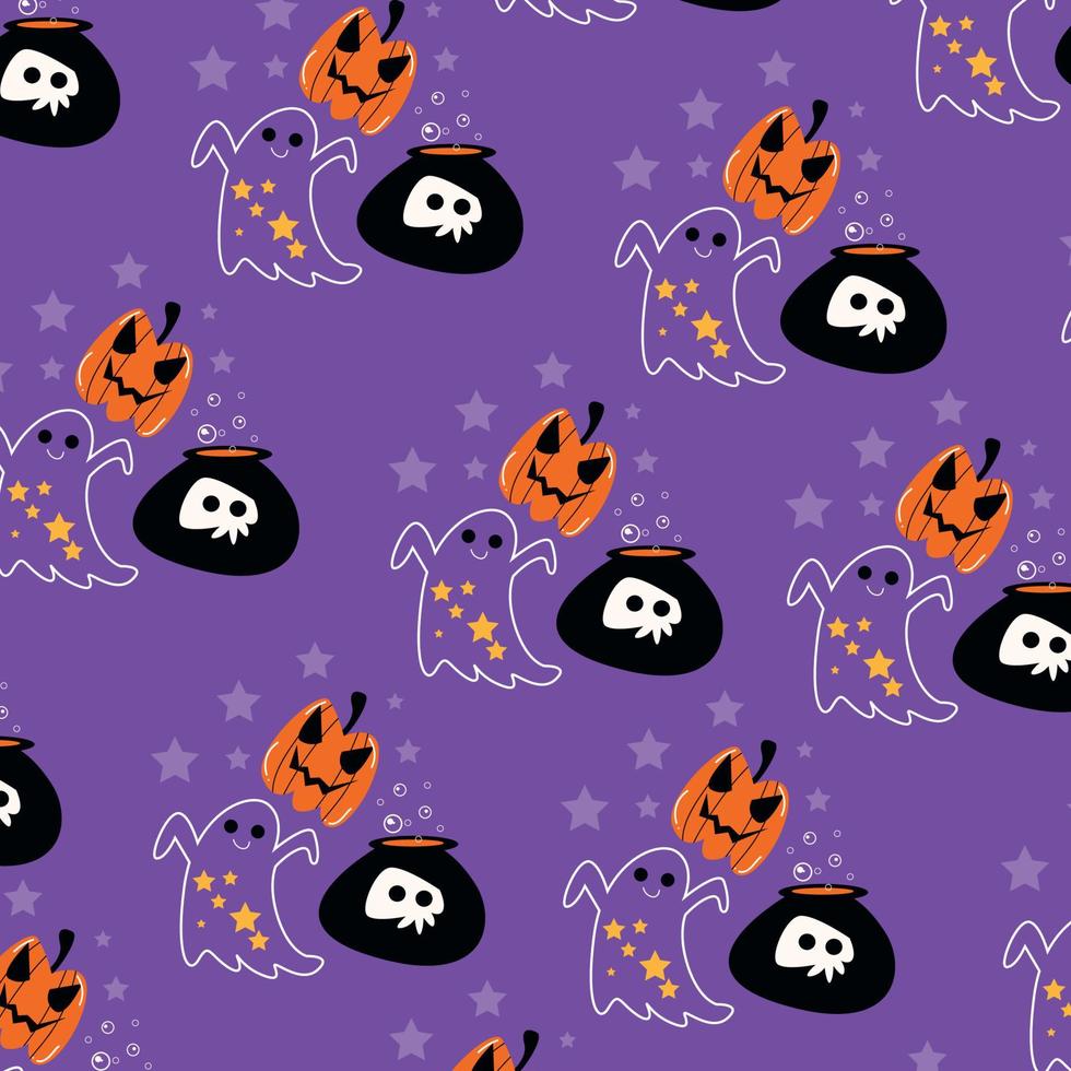 Halloween pattern of ghosts, pumpkins, stars and cauldron. Vector cartoon delicate pattern.