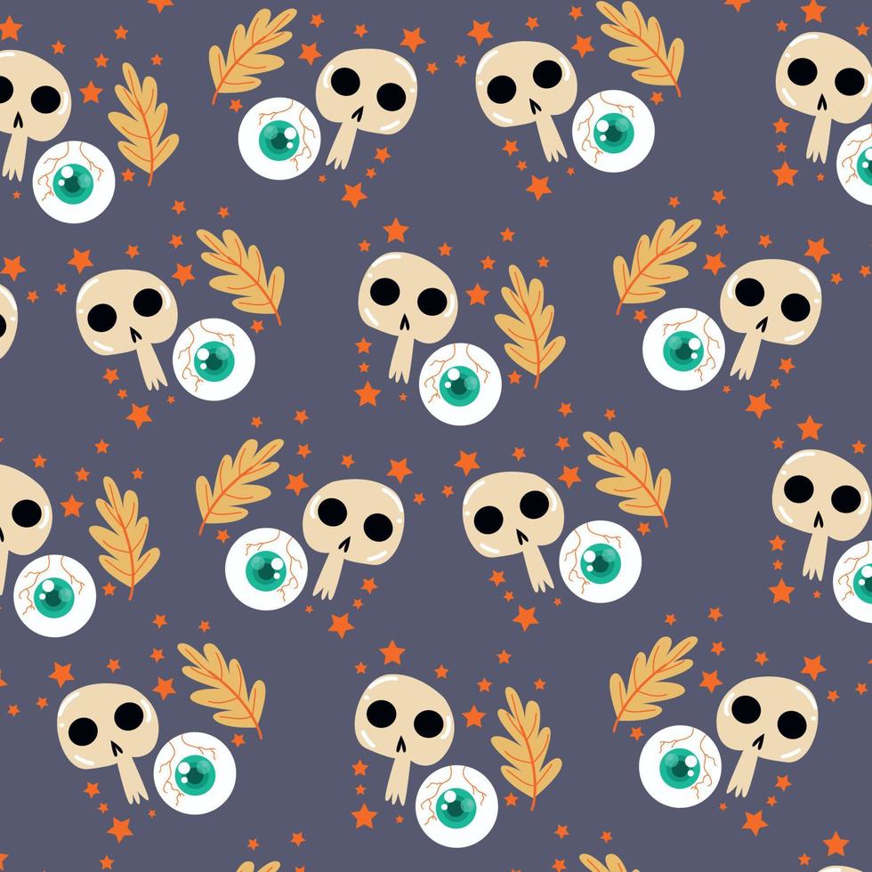 Halloween pattern with skulls, eyes and leaves on beige background. Holiday symbol vector