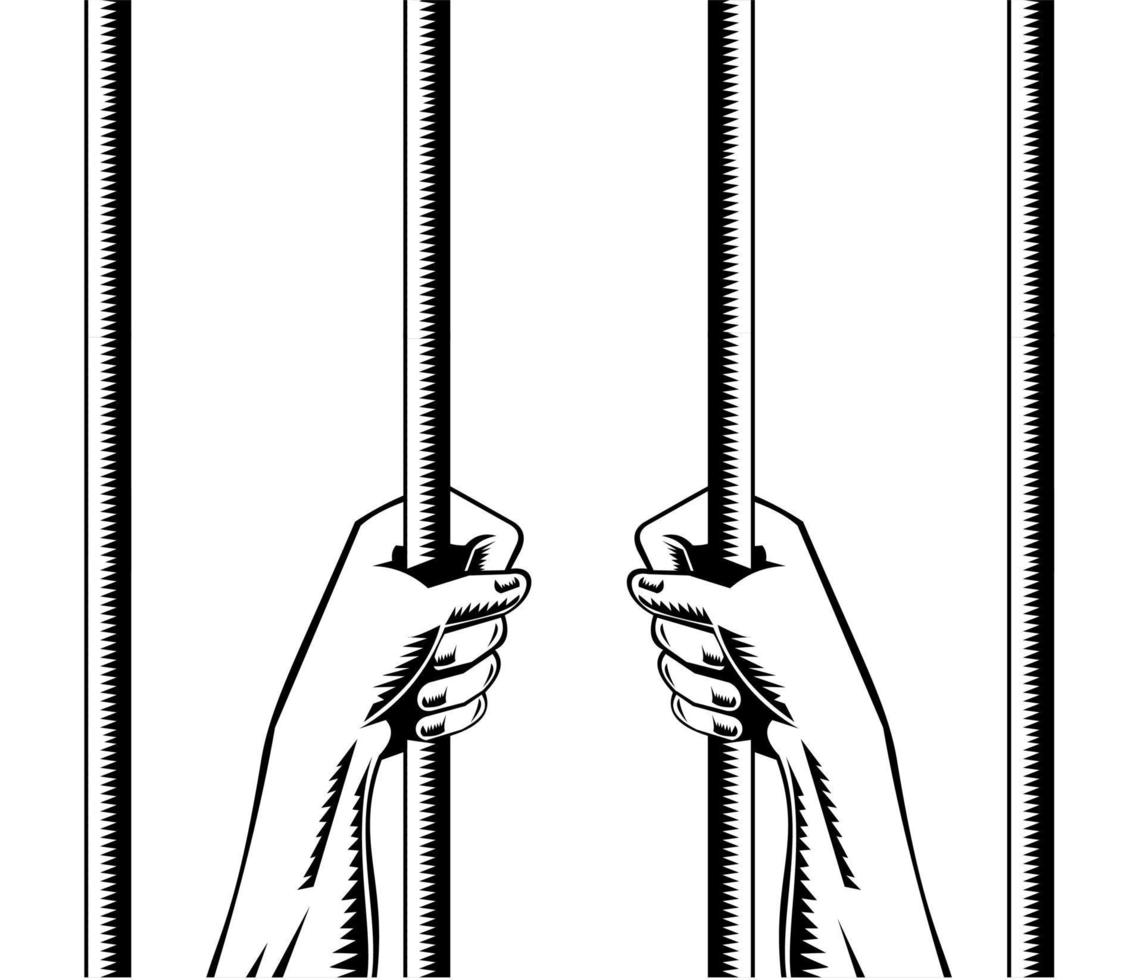 Prisionero manos sosteniendo agarrando barras de la prisión frente estilo retro xilografía vector