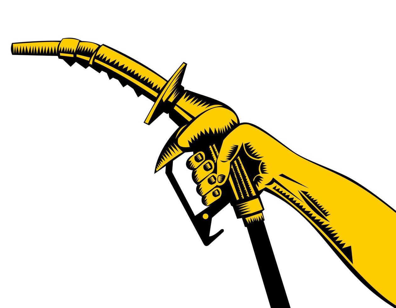 Hand Holding Gas Fuel Pump Nozzle Woodcut Retro vector