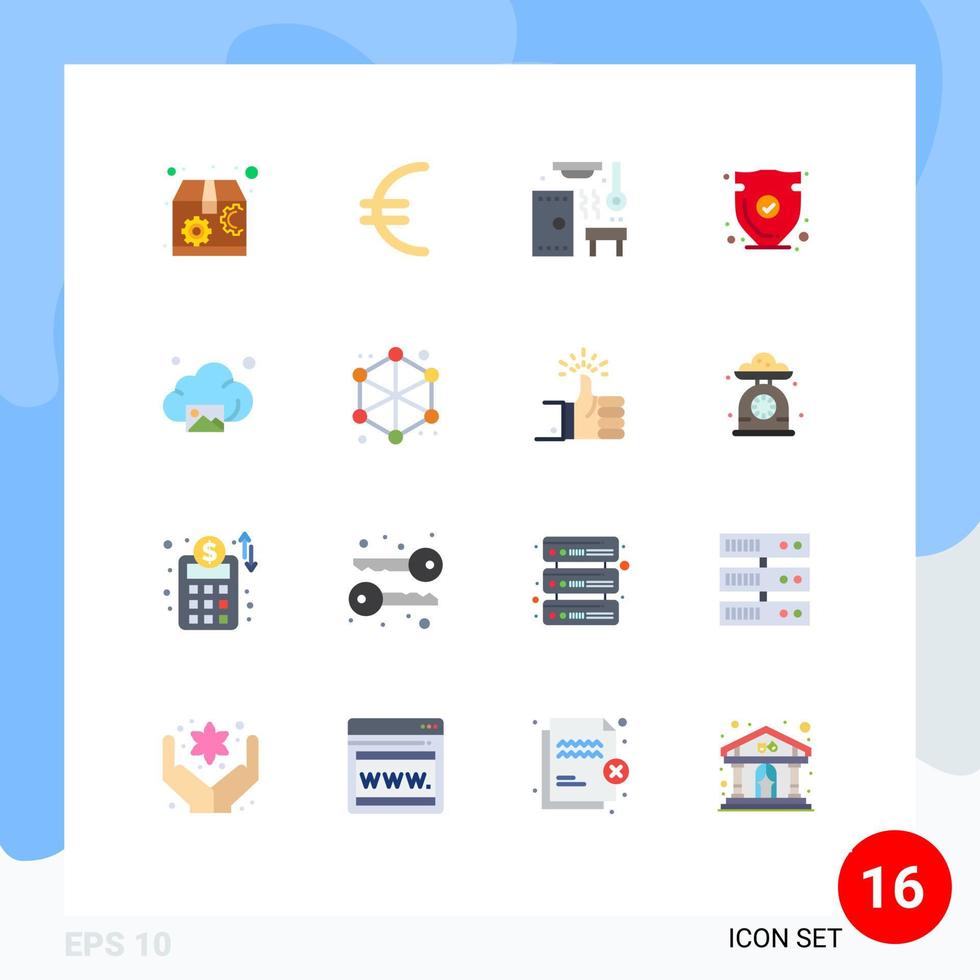 Flat Color Pack of 16 Universal Symbols of image cloud sauna verify protect Editable Pack of Creative Vector Design Elements