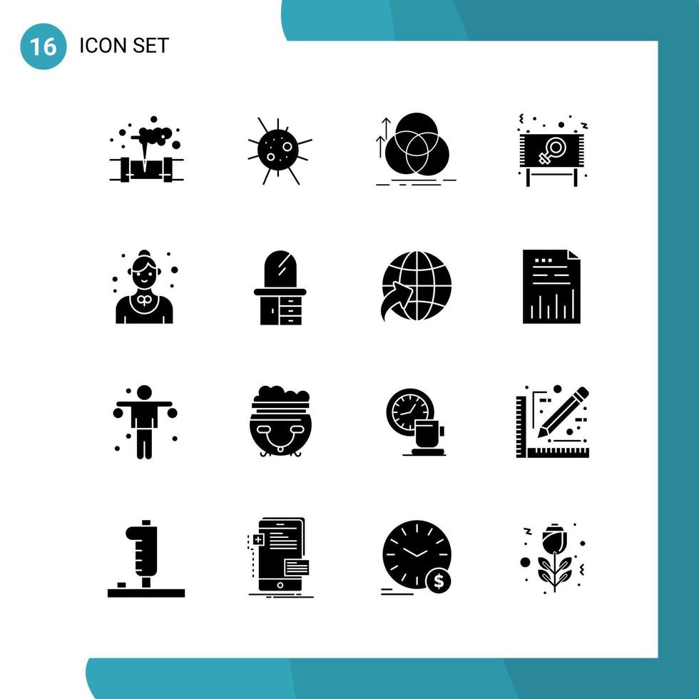 Vector Pack of 16 Glyph Symbols Solid Style Icon Set on White Background for Web and Mobile