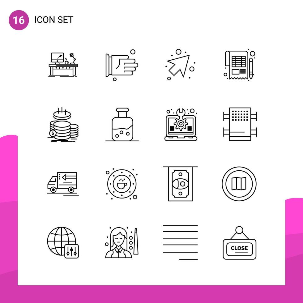 paquete de conjunto de iconos de contorno de 16 iconos de línea aislados en fondo blanco para aplicaciones móviles y de impresión de diseño de sitios web receptivos vector