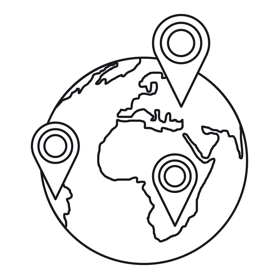 globo terráqueo con icono de marcas de puntero, estilo de esquema vector