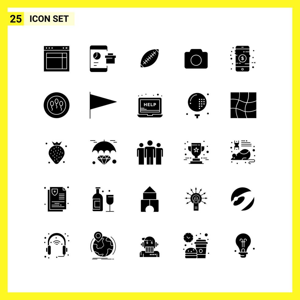 25 conjunto de iconos símbolos sólidos simples signo de glifo en fondo blanco para el diseño de sitios web, aplicaciones móviles y medios impresos vector