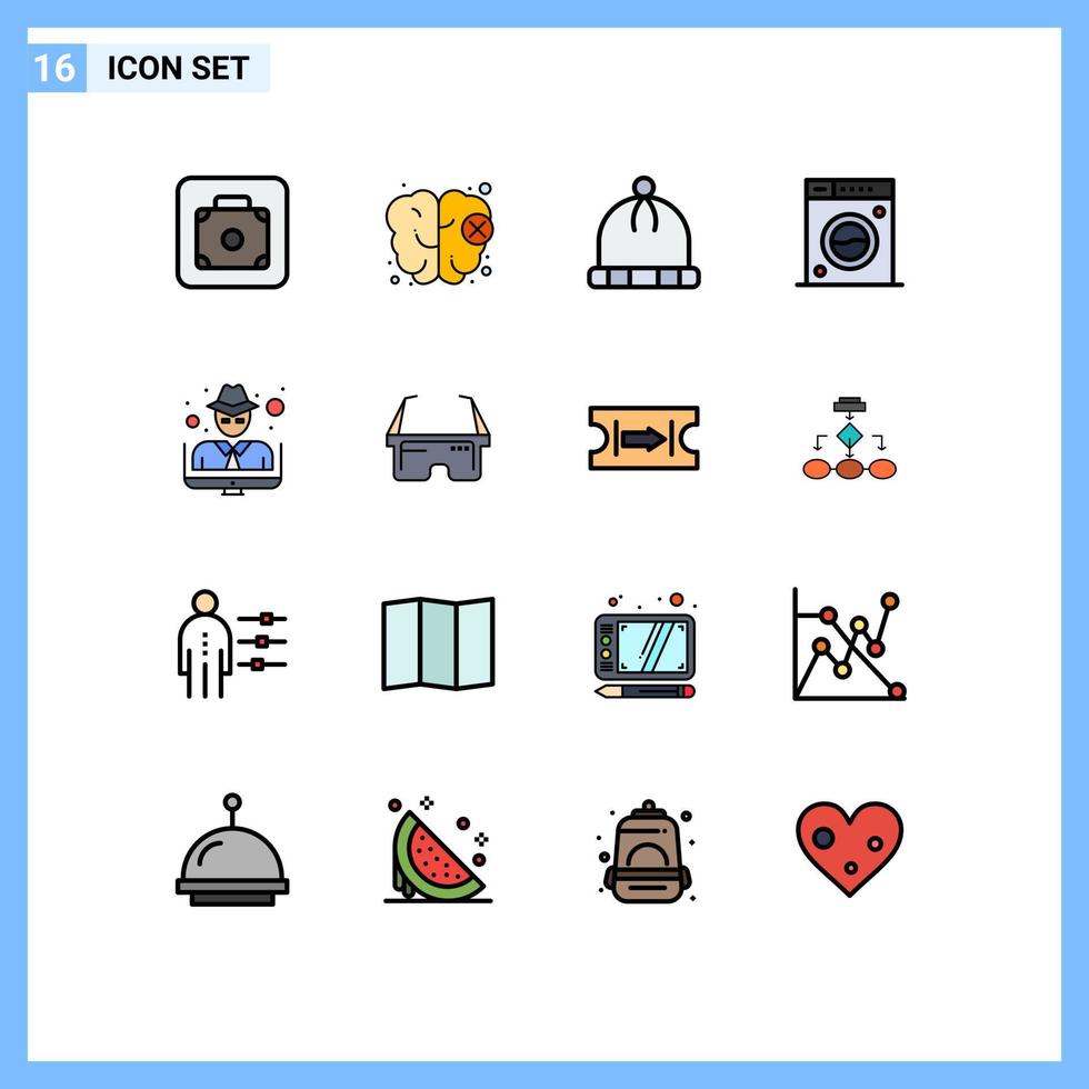 16 Thematic Vector Flat Color Filled Lines and Editable Symbols of crime man knitted hacker machine Editable Creative Vector Design Elements