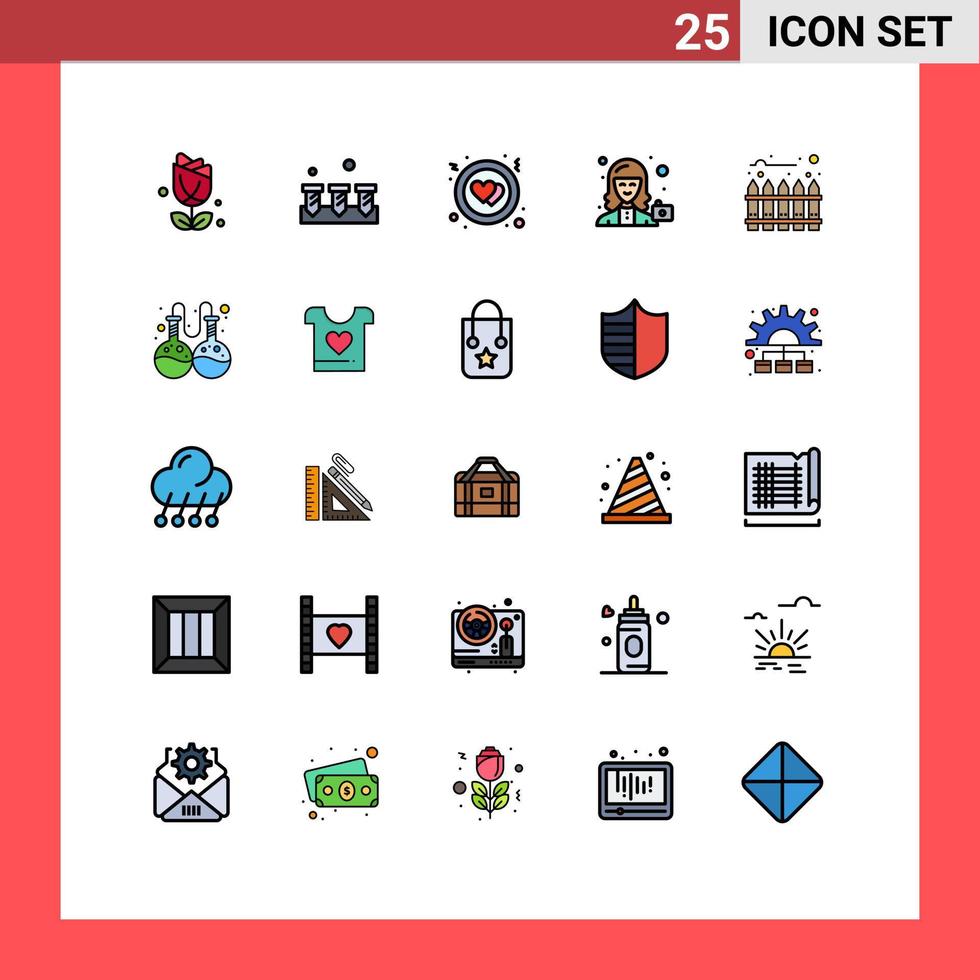 25 Universal Filled line Flat Color Signs Symbols of hedge user circle profile camera Editable Vector Design Elements