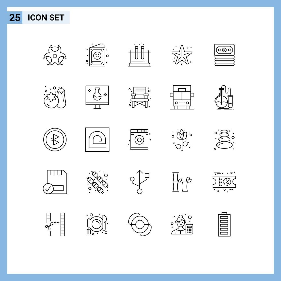 25 User Interface Line Pack of modern Signs and Symbols of banking star lab sea beach Editable Vector Design Elements