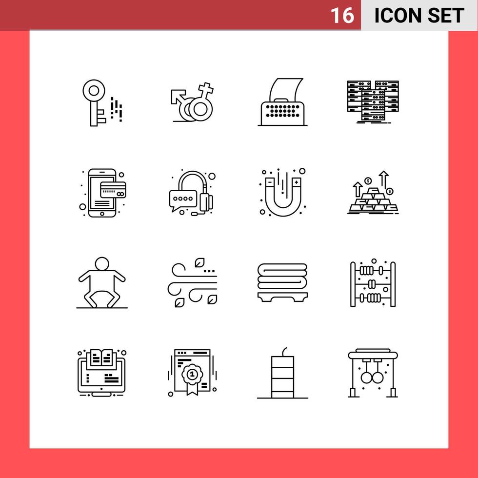 Stock Vector Icon Pack of 16 Line Signs and Symbols for online server paper database centre Editable Vector Design Elements