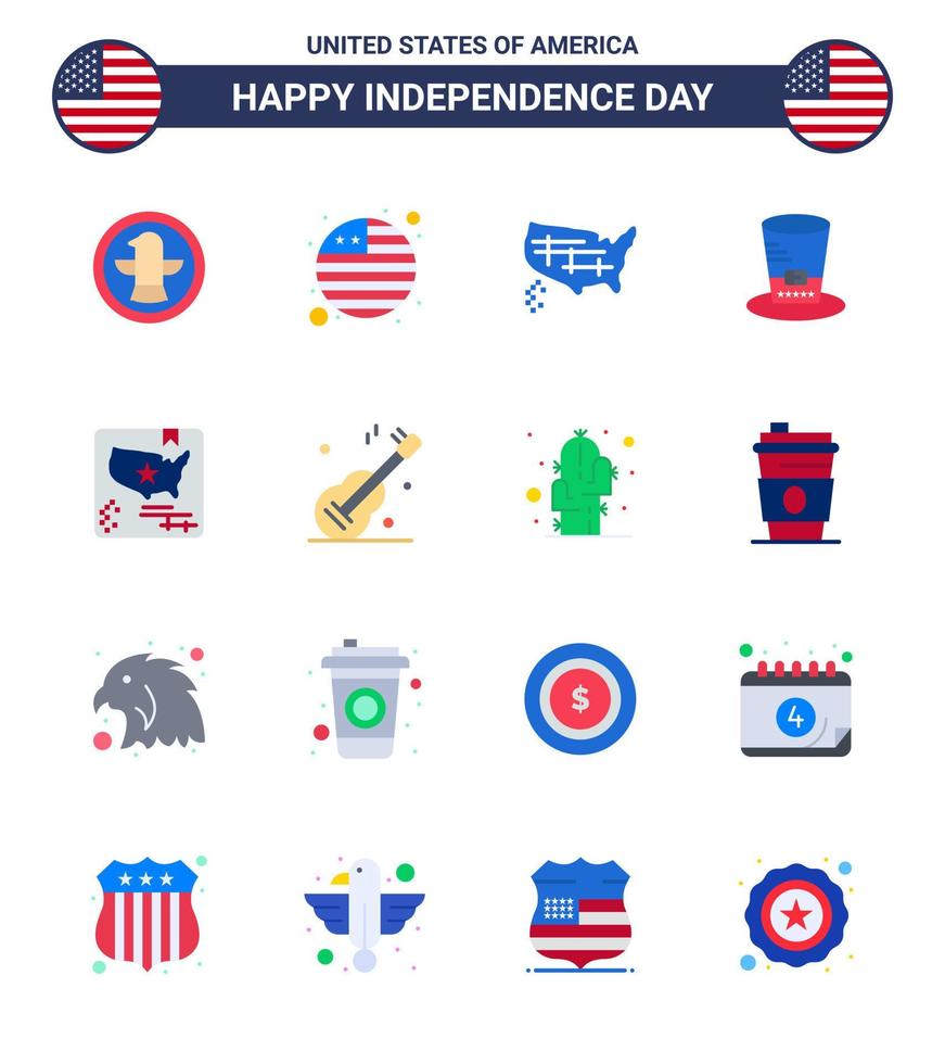 Happy Independence Day USA Pack of 16 Creative Flats of map american states usa hat Editable USA Day Vector Design Elements