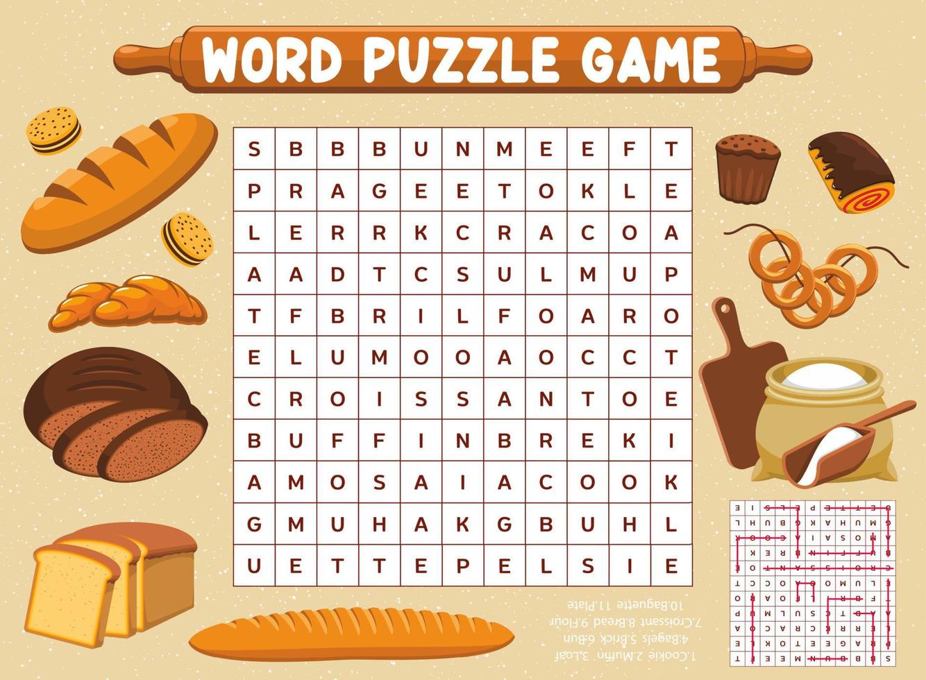 Flour, bread and bakery word search puzzle game vector