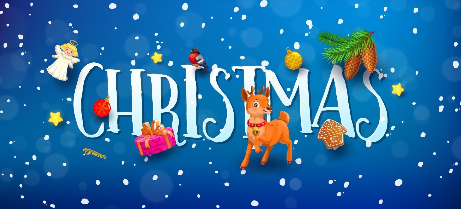 banner 3d de navidad con ciervos de dibujos animados, letras vector