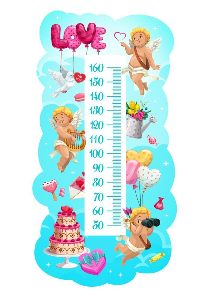 Kids height chart with cupids, balloons and sweets vector