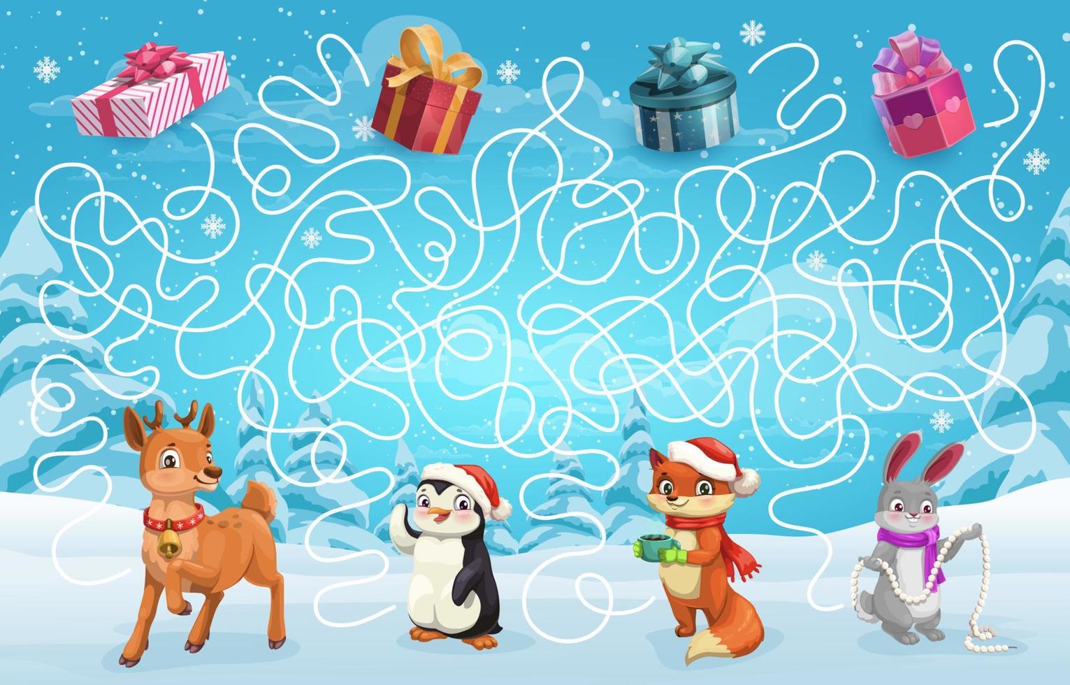 laberinto de laberinto de navidad, ayuda a los animales a encontrar regalos vector