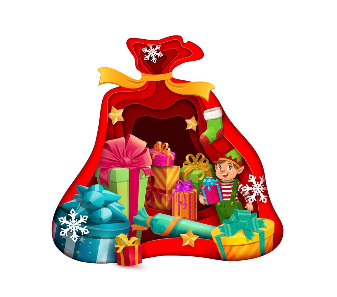 Christmas paper cut with santa gift bag and gnome vector