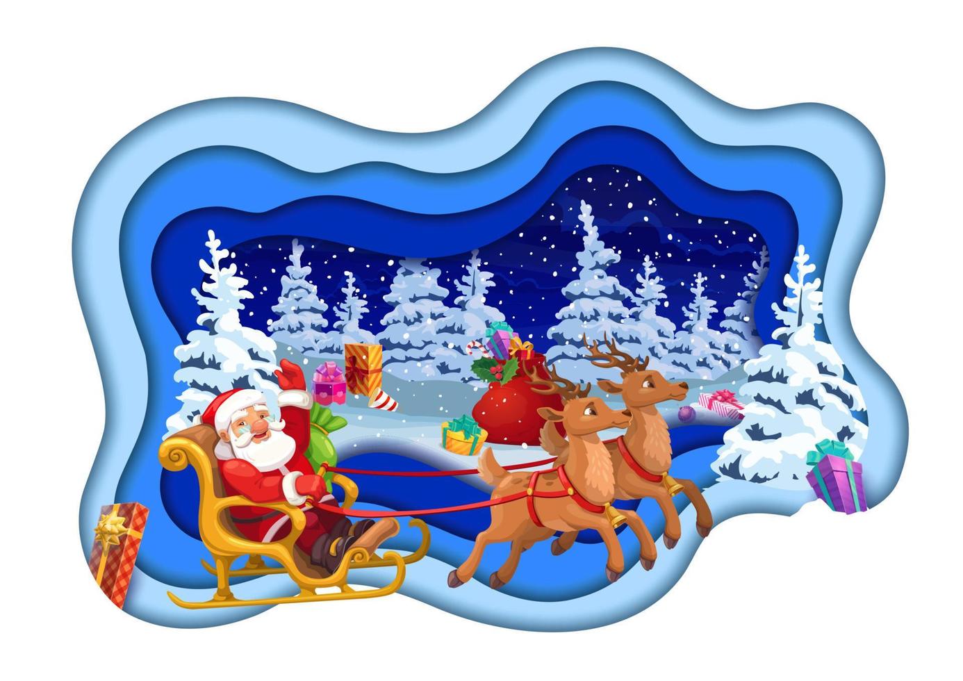 Christmas paper cut cartoon santa on sleigh vector