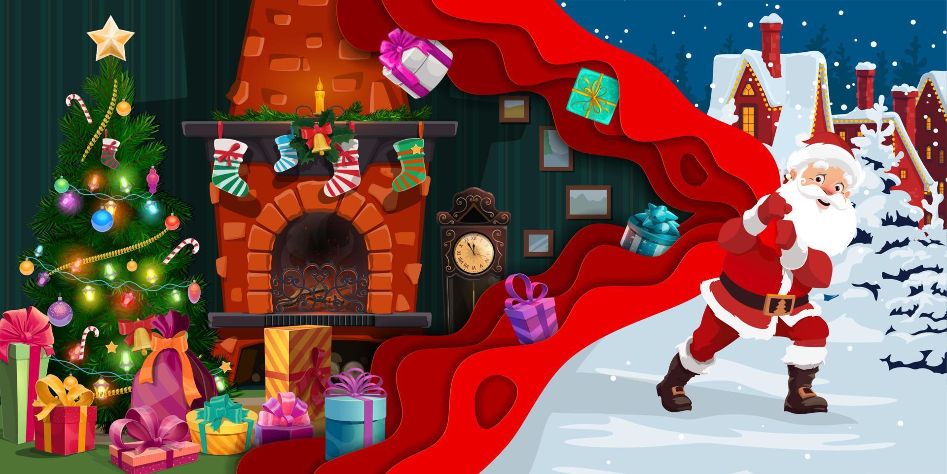 Christmas paper cut cartoon santa with gifts bag. vector