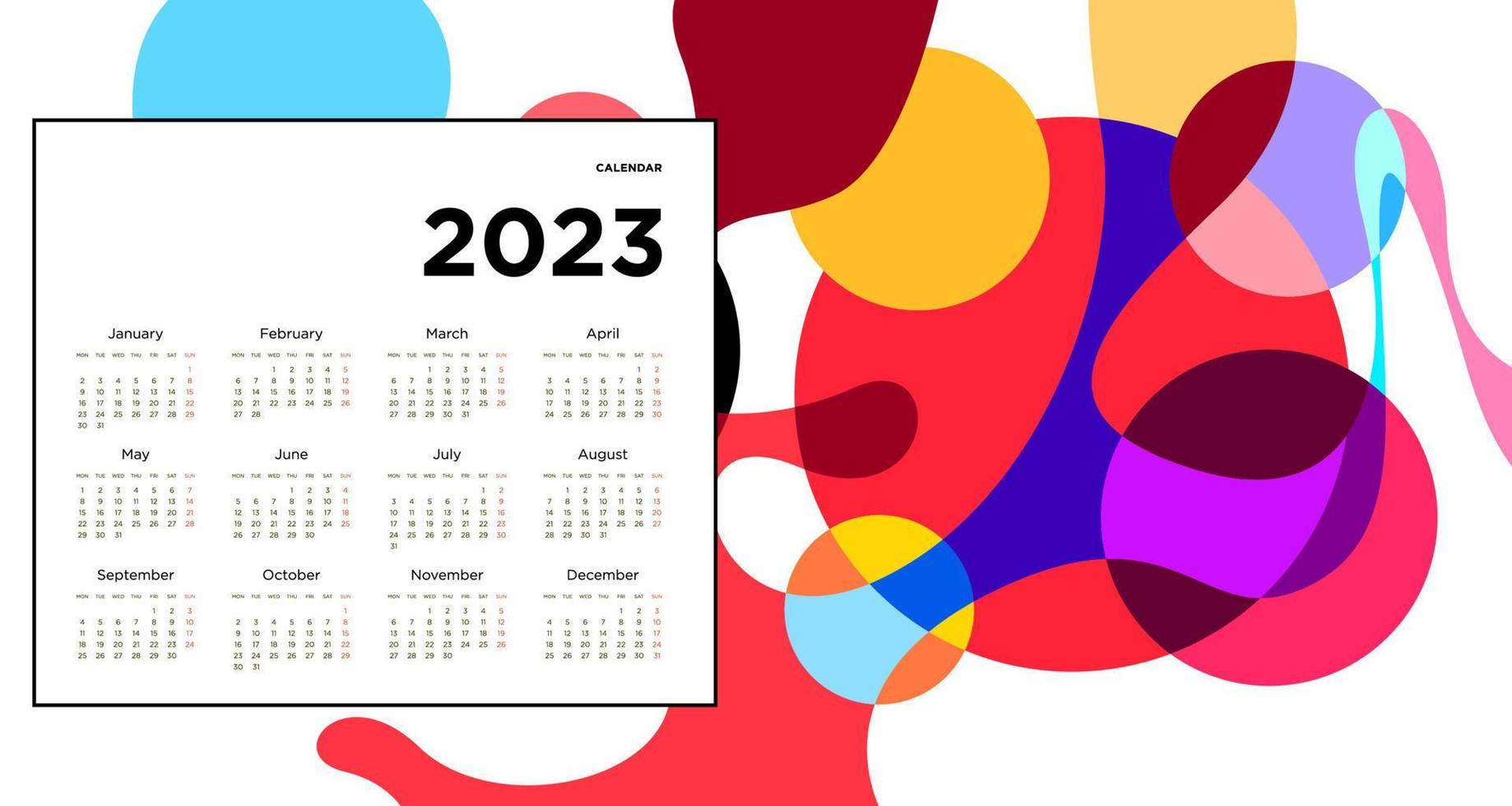 New year 2023 calendar design template with geometric colorful abstract. Vector calendar design.