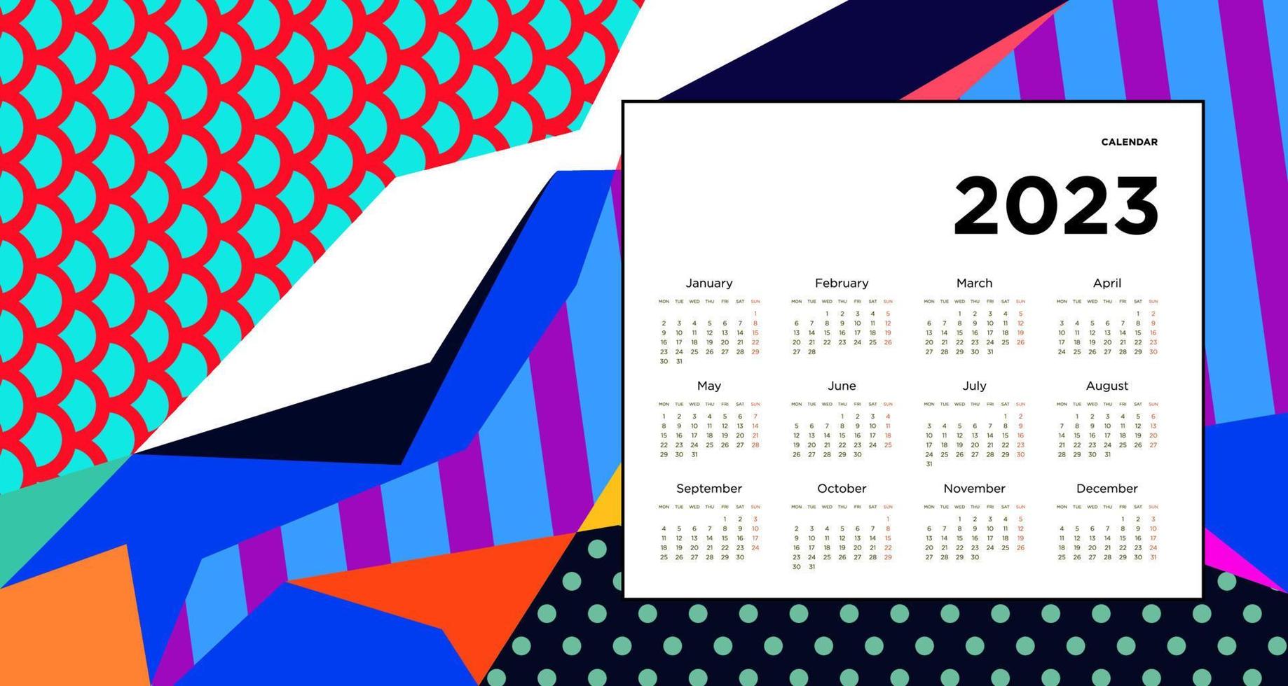 New year 2023 calendar design template with geometric colorful abstract. Vector calendar design.