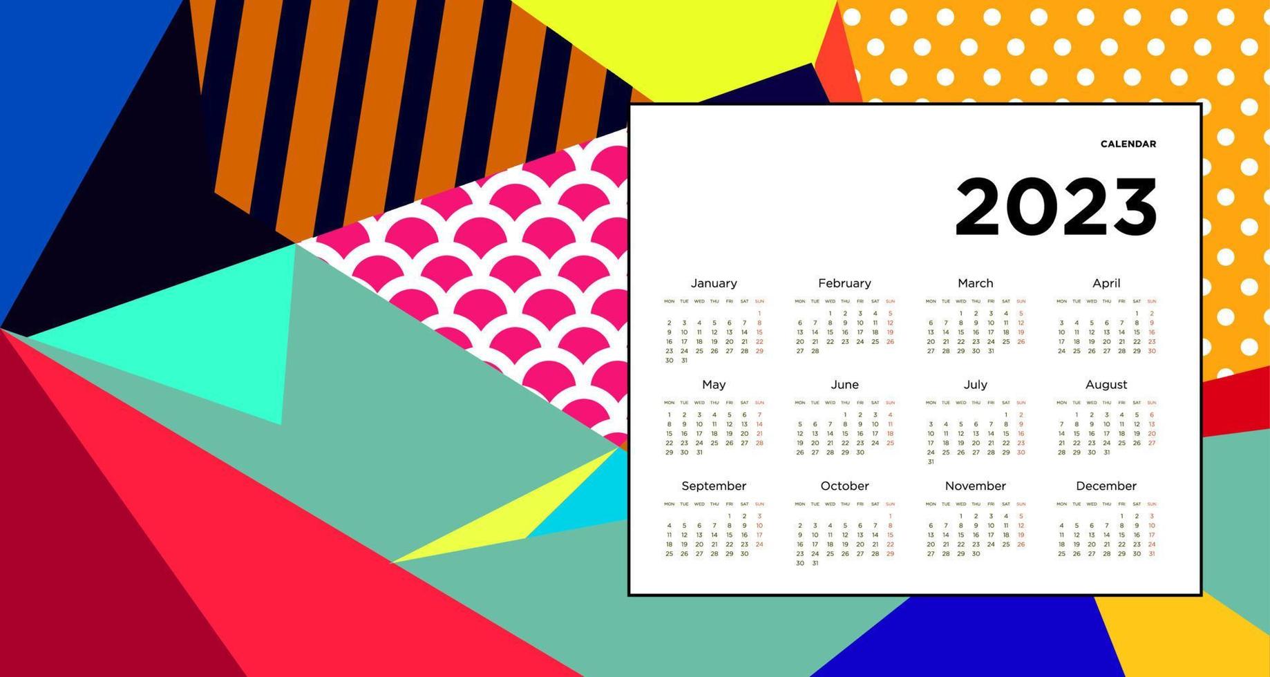 New year 2023 calendar design template with geometric colorful abstract. Vector calendar design.