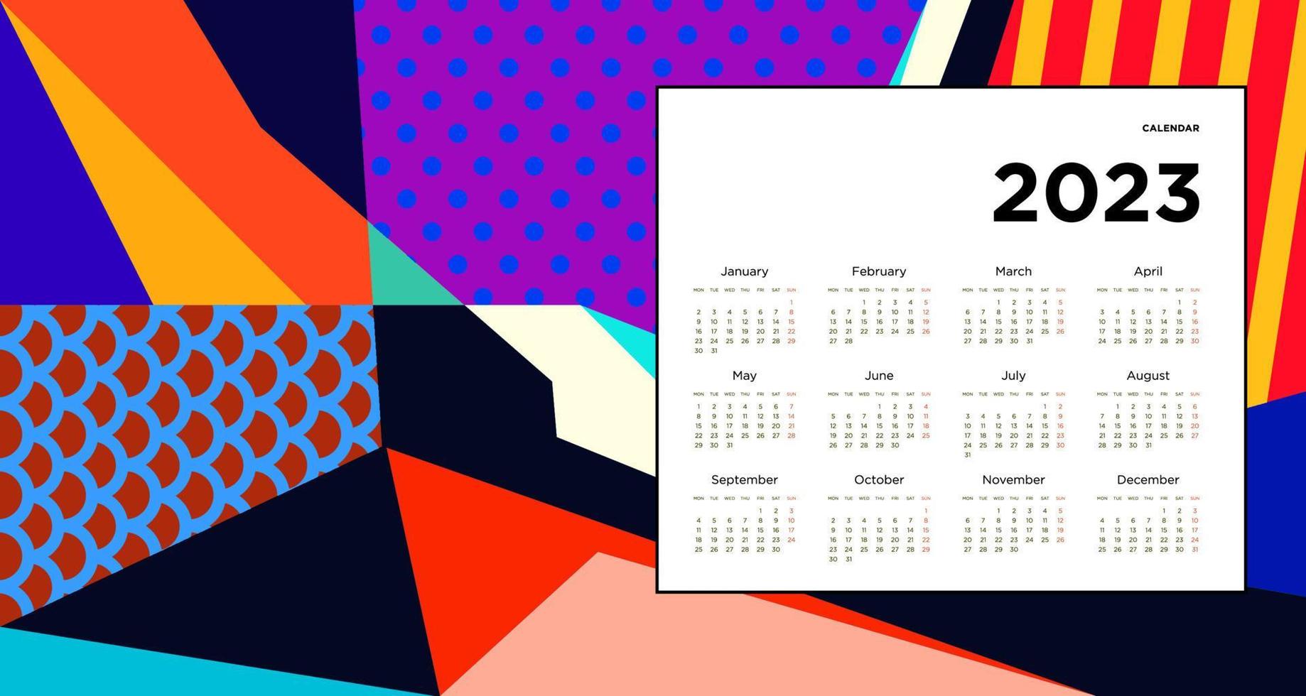 New year 2023 calendar design template with geometric colorful abstract. Vector calendar design.