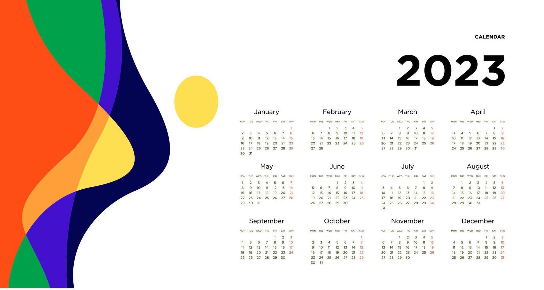 New year 2023 calendar design template with geometric colorful abstract. Vector calendar design.