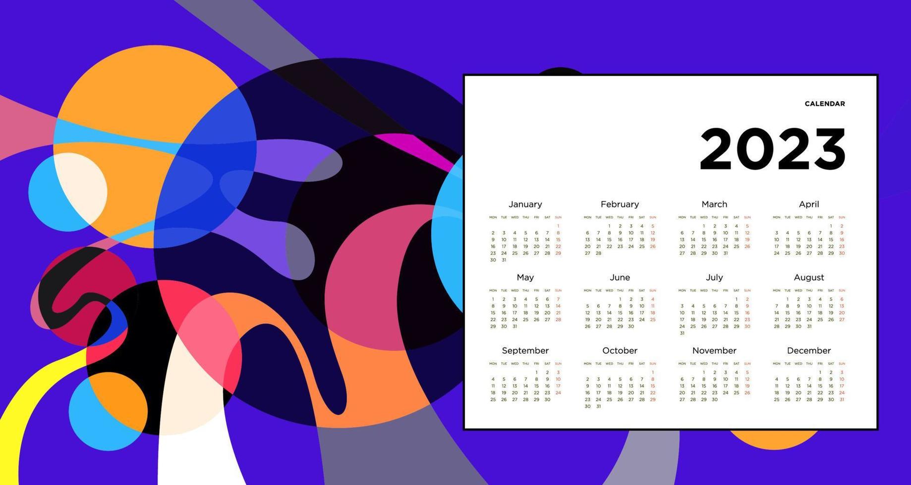 New year 2023 calendar design template with geometric colorful abstract. Vector calendar design.