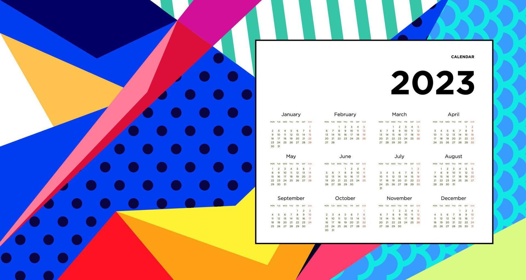 New year 2023 calendar design template with geometric colorful abstract. Vector calendar design.